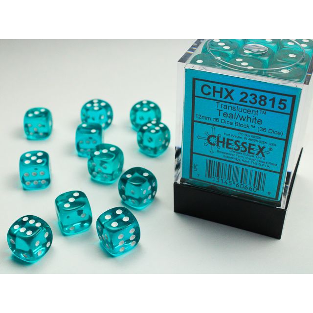 Translucent teal and white Chessex Gemini D6 block die set with six-sided dice showing numbers and symbols.