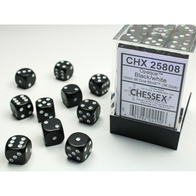 Black and white opaque Chessex D6 block dice set showing six-sided dice with numbered faces.