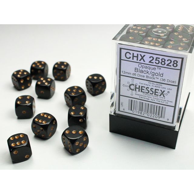 Black and gold opaque Chessex D6 block dice set with six-sided design, showing shiny gold numbers on matte black dice.