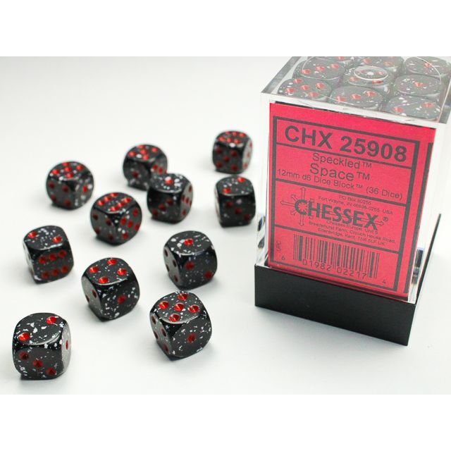 Chessex speckled D6 block die in space-inspired design with black and white speckles, perfect for tabletop gaming.