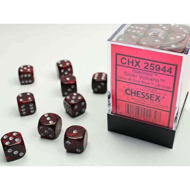 Chessex silver speckled D6 block die with volcanic pattern, showing a close-up of the six-sided die with detailed speckled design.