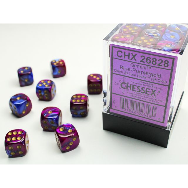 Chessex Gemini D6 block dice set in blue-purple and gold with geometric design, showing six-sided dice with shiny finish.