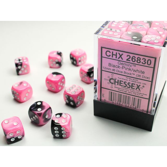 Chessex Gemini D6 block dice set with black, pink, and white colors, featuring six-sided polyhedral design for tabletop gaming.