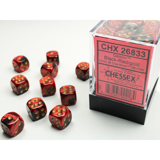 Chessex Gemini D6 dice block in black-red and gold with six-sided dice for tabletop gaming.