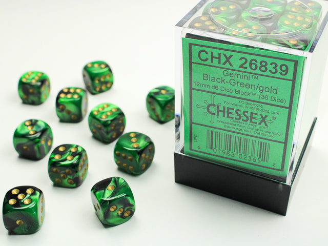 Chessex D6 Block: Gemini (Black-Green/Gold) - War Games USA