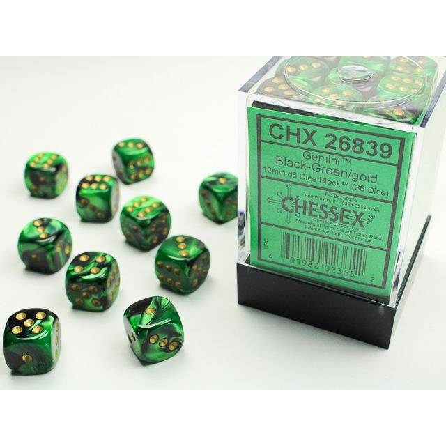 Chessex Gemini D6 block die set with black-green and gold colors, featuring six-sided dice with distinctive gemstone-style design.