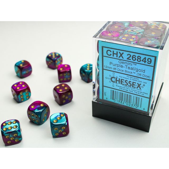 Purple and teal Chessex Gemini D6 block die with gold numbering, featuring a distinctive geometric design on a white background.