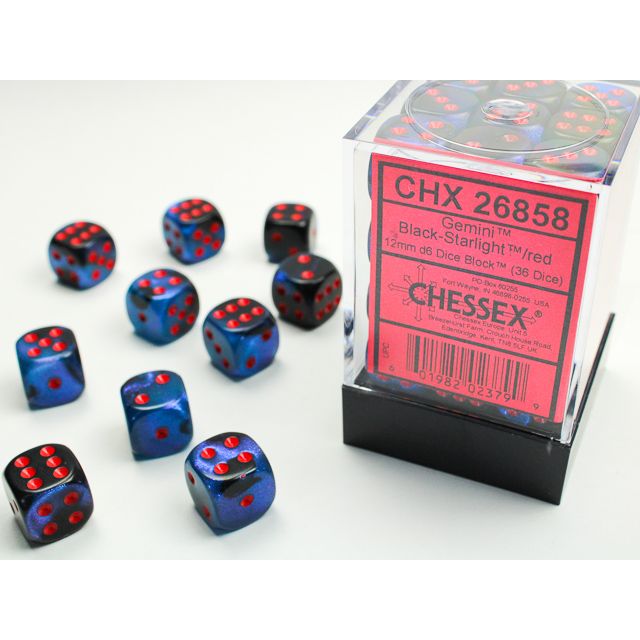 Chessex Gemini black-starlight and red D6 block die set with six-sided dice displaying numbers and cosmic design.