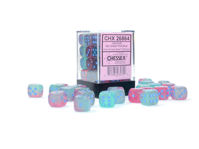 Chessex D6 Block: Gemini (Gel Green-Pink/Blue) - War Games USA