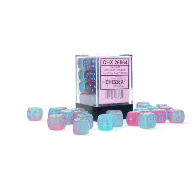 Chessex Gemini D6 block die set with gel green, pink, and blue colors, showcasing six-sided dice with vibrant, swirling patterns.