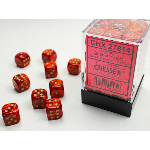Chessex Scarab D6 block die set in scarlet and gold with a detailed scarab design on the six-sided dice.