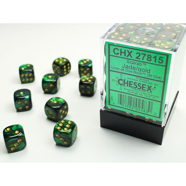 Chessex Jade and Gold Scarab D6 Block die set with six-sided dice featuring a scarab design and vibrant green and gold colors.