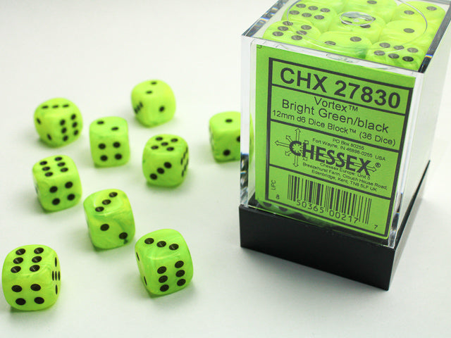Chessex D6 Block: Vortex (Bright Green/Black) - War Games USA