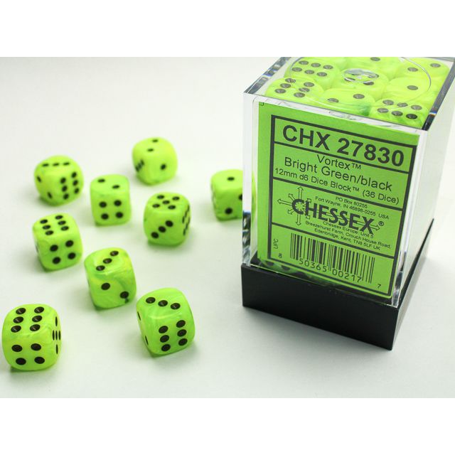 Bright green and black Chessex D6 block die with vortex design, featuring six sides with numbered dots for tabletop gaming.