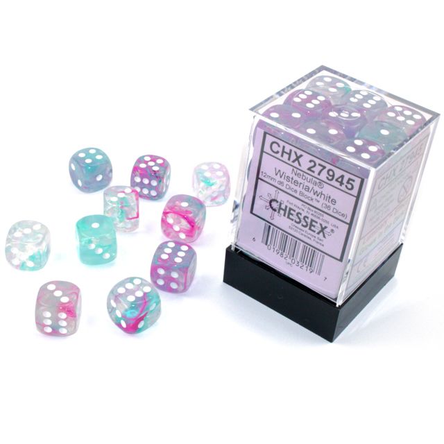 Chessex Nebula D6 block dice set in Wisteria and White with purple and white marbled design on a white background.
