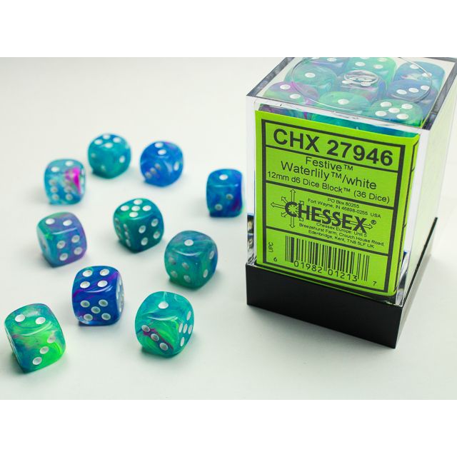 Chessex Festive Waterlily and White D6 block of six colorful polyhedral dice for tabletop gaming.