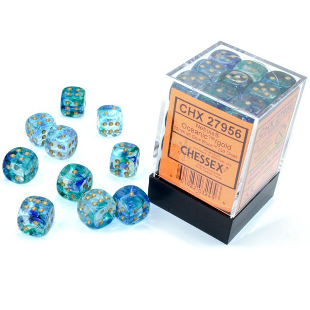 Chessex Nebula D6 Block dice set featuring oceanic blue and gold swirls, showcasing six-sided polyhedral gaming dice.