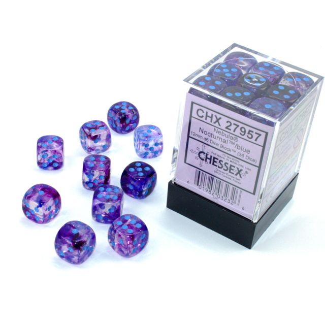 Blue and nocturnal-themed Chessex D6 block dice set featuring nebula design, with six-sided polyhedral dice for tabletop games.