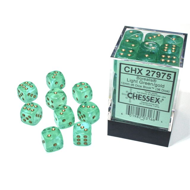 Chessex Borealis D6 block with light green and gold marbled design, showing six-sided dice with glossy finish.