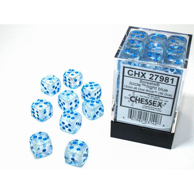 Chessex Borealis D6 block with light blue and icicle colors, featuring six-sided dice with clear translucent design.