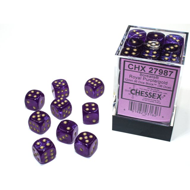 Chessex Borealis D6 block of six purple and gold resin dice for tabletop gaming and role-playing games.
