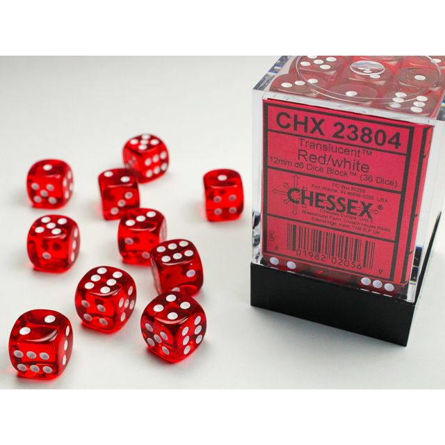 Translucent red and white Chessex D6 block die showing numbered faces, made of durable plastic for tabletop gaming.