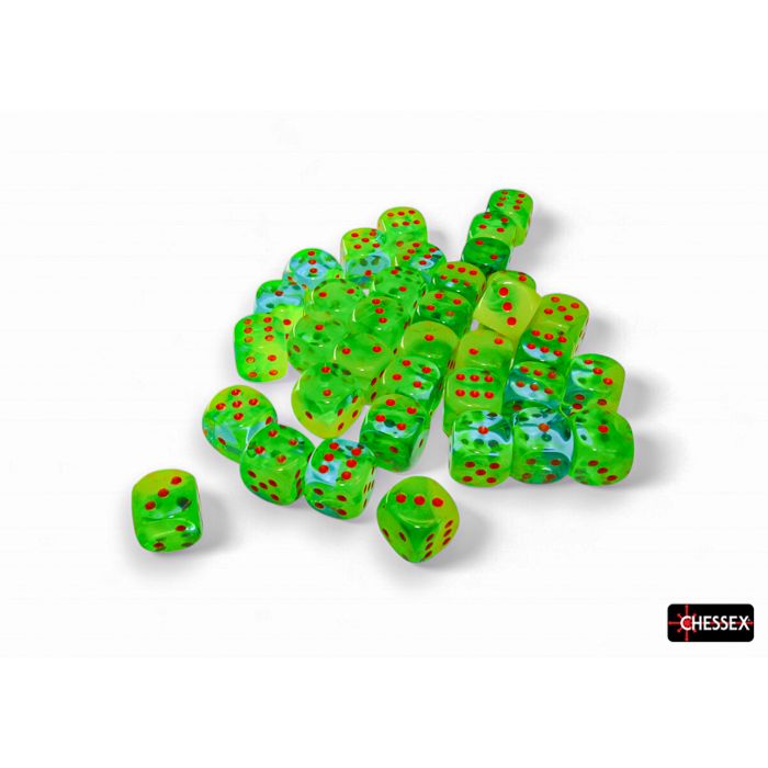 Chessex Gemini D6 block die set in plasma green teal and orange with 12mm size, showcasing vibrant colors and clear numbering.