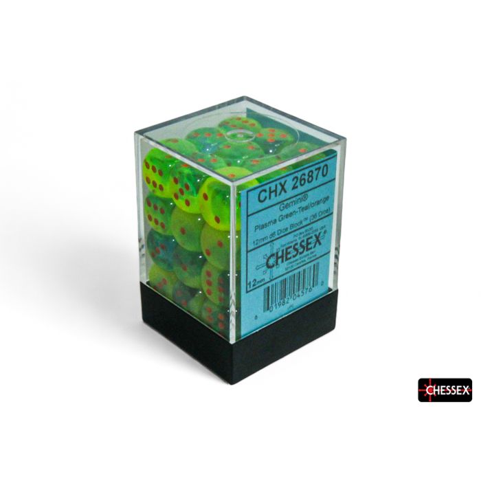 Chessex Gemini D6 block die in Plasma Green Teal and Orange with a transparent, multi-colored design on a white background.