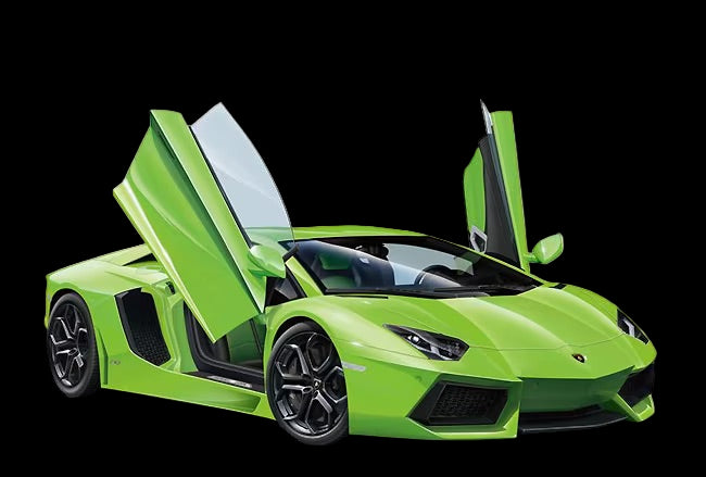 Model kit of a green Lamborghini Aventador with open doors on a white background.