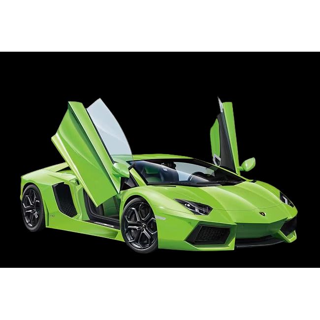 Model kit of a green Lamborghini Aventador with open doors on a white background.