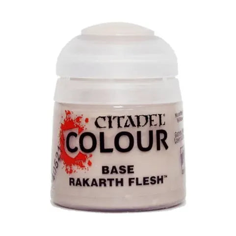 Citadel Colour Rakarth Flesh base paint bottle for miniature painting, featuring a clear view of the label and cap.