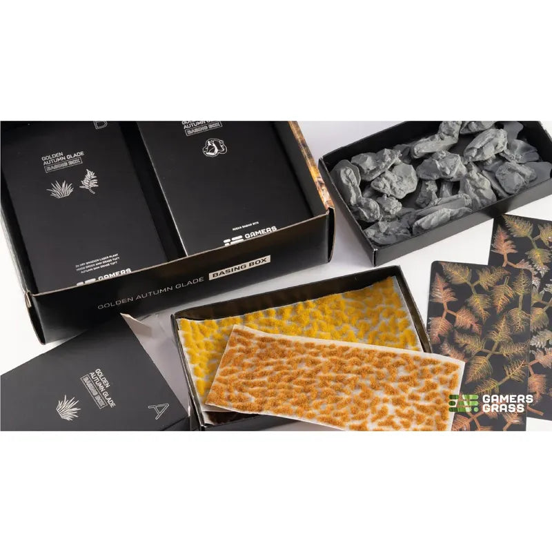 Baron of Dice Golden Autumn Glade Basing Box with textured grass for miniature bases in autumn-themed shades.