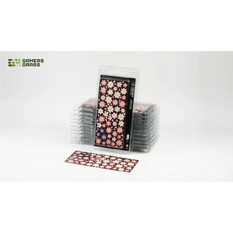 Baron of Dice Gamers Grass Lotus Flower gaming token sheet with three detailed lotus flower designs on a blister card.