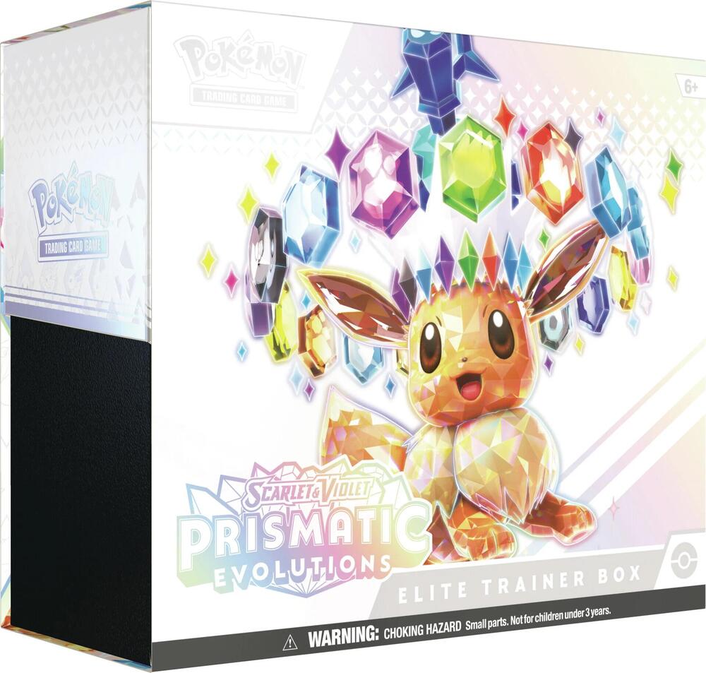 Pokemon TCG: Prismatic Evolutions Elite Trainer Box featuring Eevee and colorful gems.