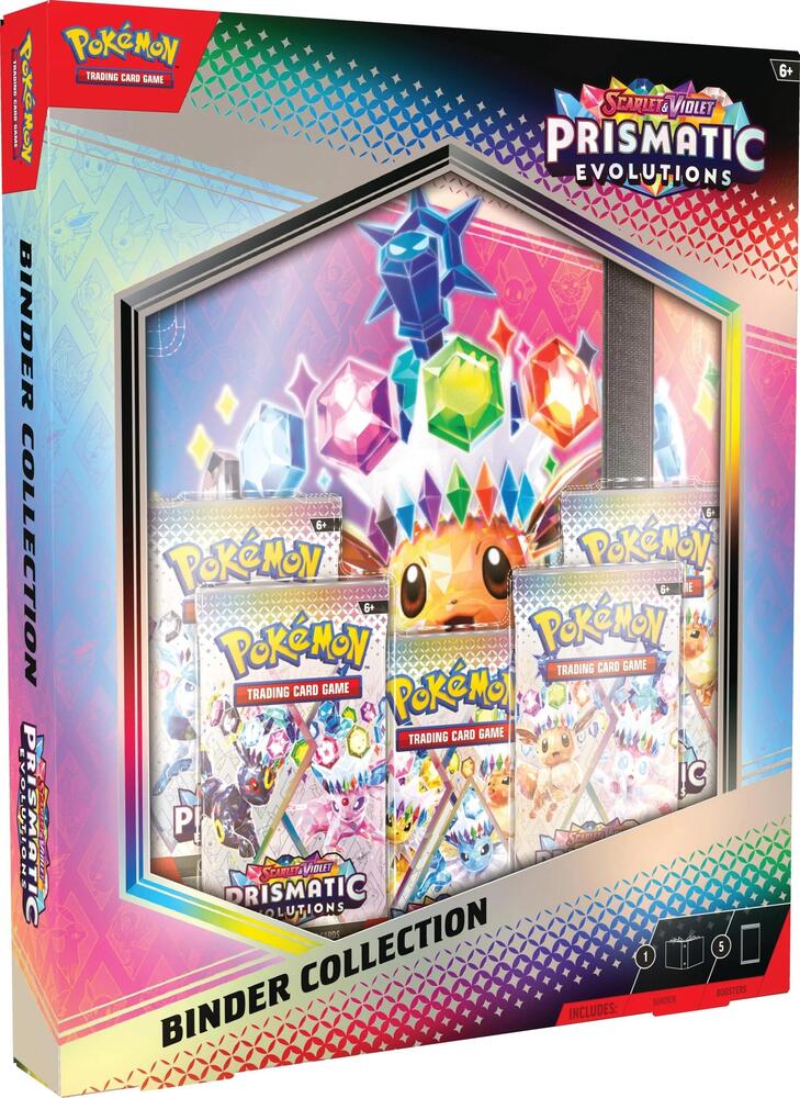 Pokemon TCG Prismatic Evolutions Binder Collection with booster packs and 9-pocket pages.