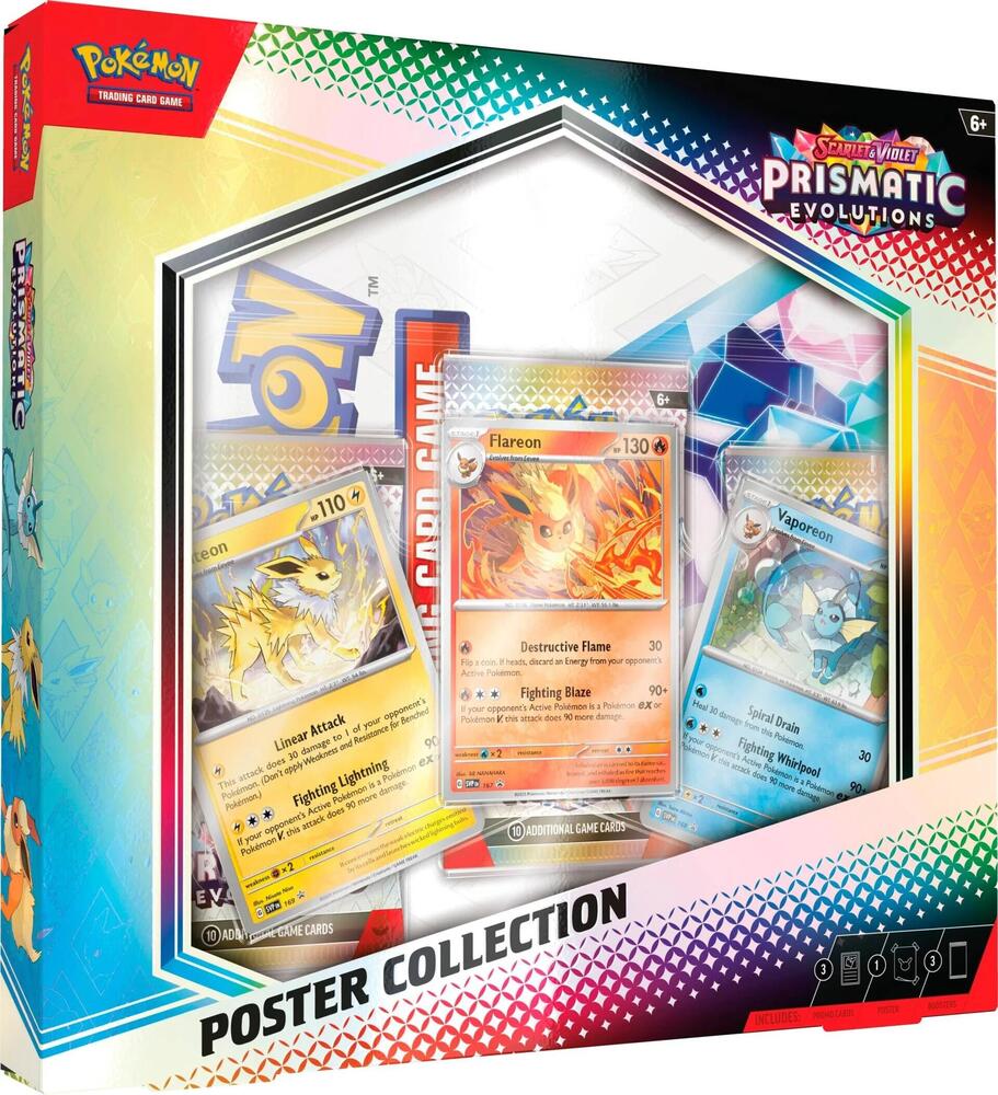 Pokemon TCG: Prismatic Evolutions Poster Collection with foil promo cards of Flareon, Vaporeon, and Jolteon.