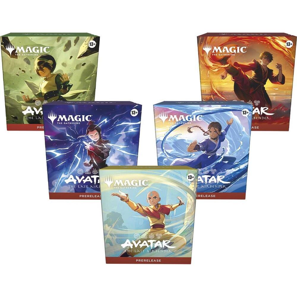 Set of five Magic: The Gathering Avatar: The Last Airbender prerelease trading cards in colorful packaging featuring characters from the series.
