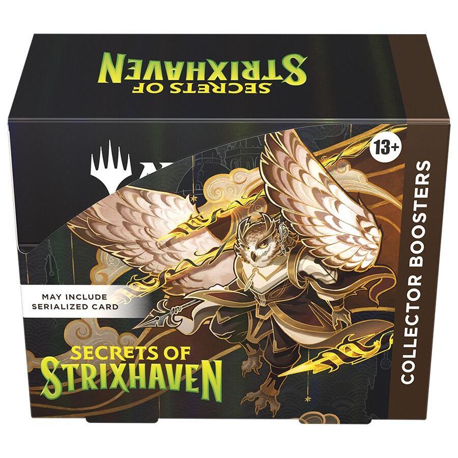 Magic: The Gathering Secrets of Strixhaven Collector Booster display with booster packs arranged in a display box.