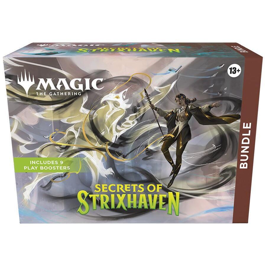 Magic: The Gathering Secrets of Strixhaven bundle with booster packs, card storage box, and colorful artwork on the packaging.
