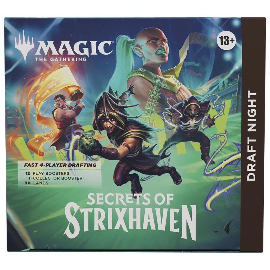 Magic: The Gathering Secrets of Strixhaven Draft Night card pack with colorful artwork and game-themed design.