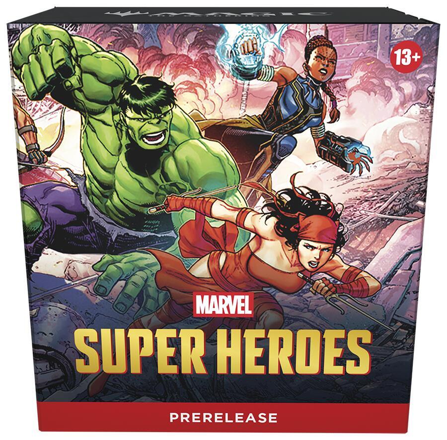 Magic: The Gathering Marvel Super Heroes Pre-Release Box featuring colorful artwork and game accessories for the collectible card game.