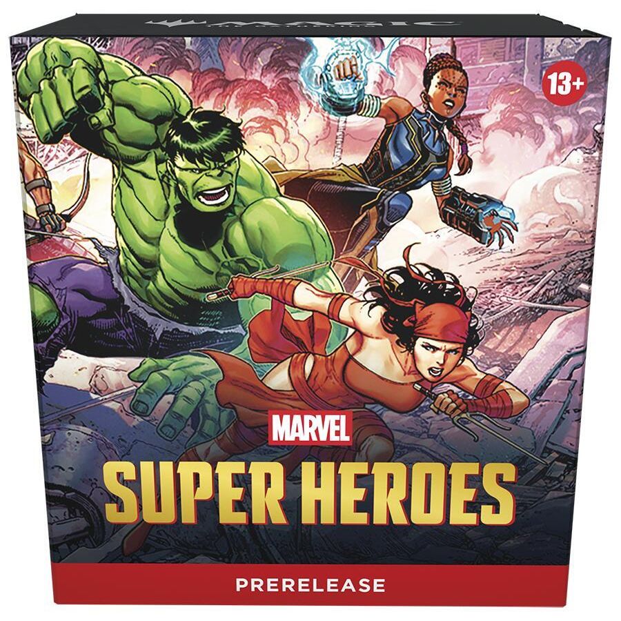 Magic: The Gathering Marvel Super Heroes Pre-Release Box with colorful packaging and artwork for the upcoming release date.