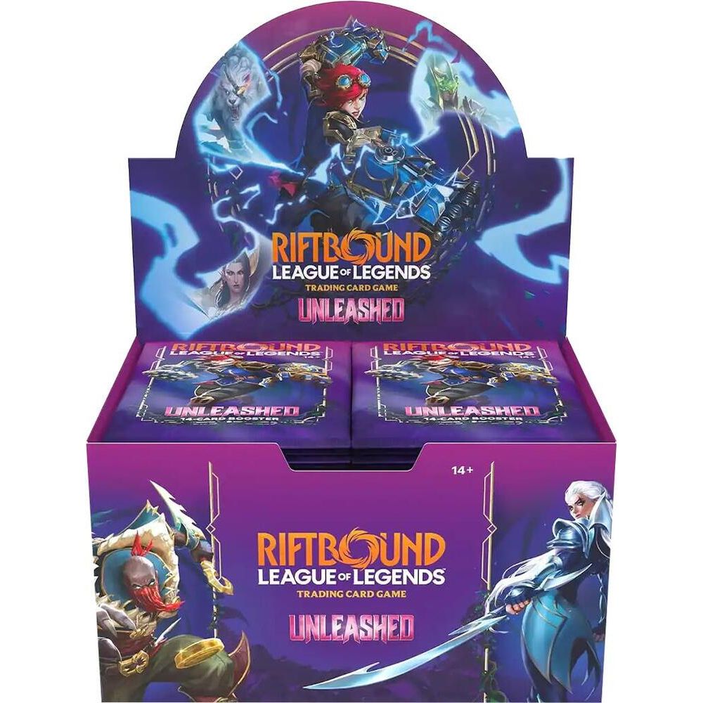 Riot Games Riftbound TCG Unleashed booster display with multiple booster packs featuring fantasy card game artwork.