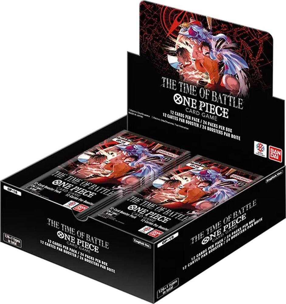Bandai One Piece OP-16 The Time of Battle booster box featuring colorful artwork and collectible trading cards from the One Piece series.
