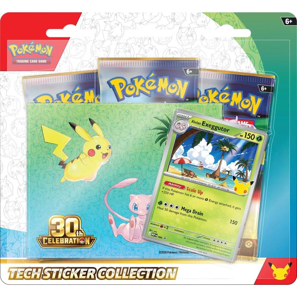 Pokémon Trading Card Game 30th Celebration Tech Sticker Collection box with colorful Pokémon-themed stickers and packaging.