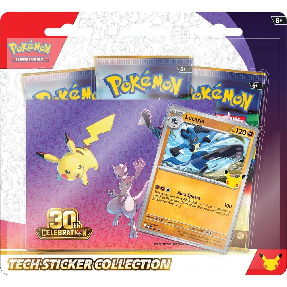 Pokémon Trading Card Game 30th Celebration Tech Sticker Collection box with colorful Pokémon-themed stickers and packaging.