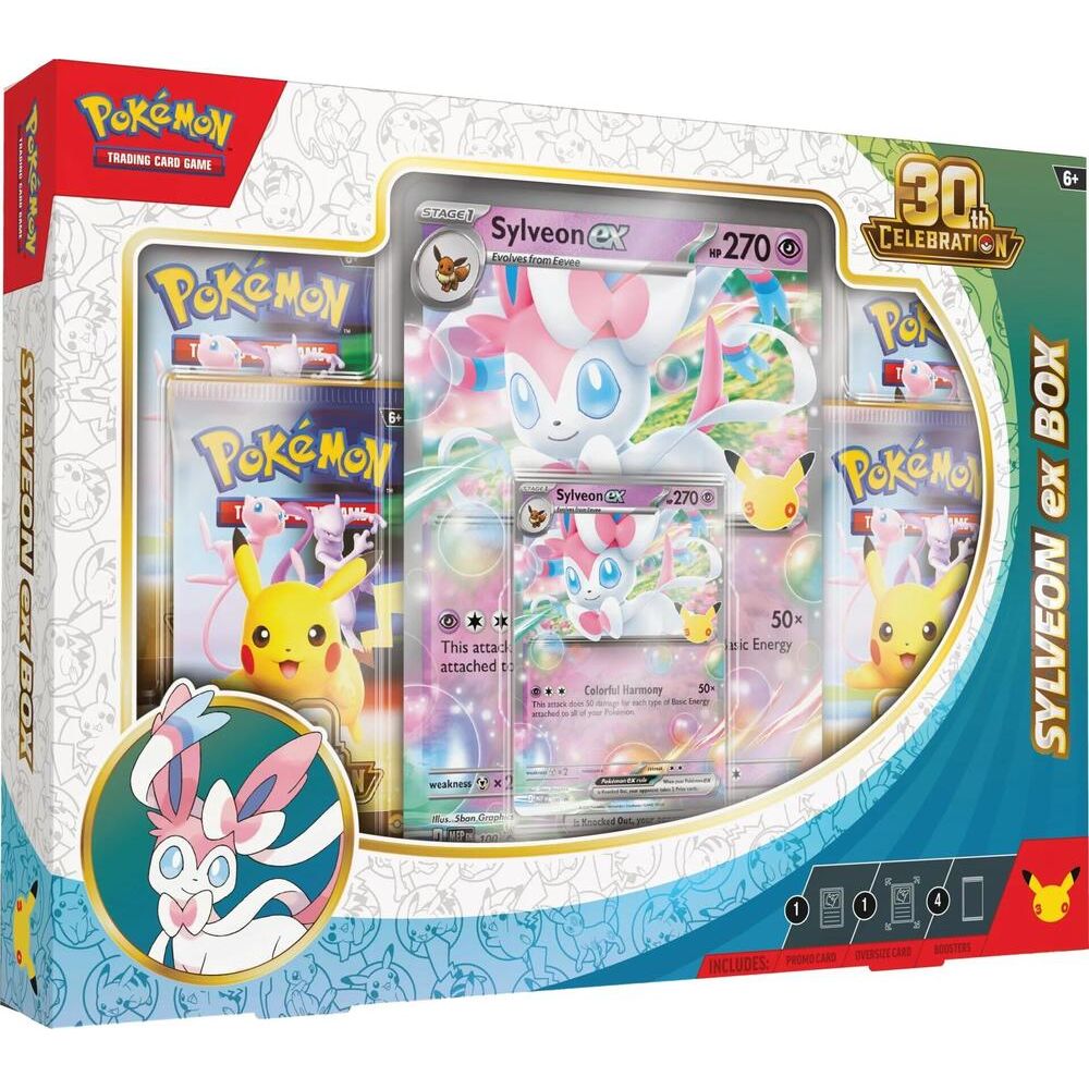 Retail box for the Pokemon Trading Card Game 30th Celebration Sylveon ex Box, front of package.