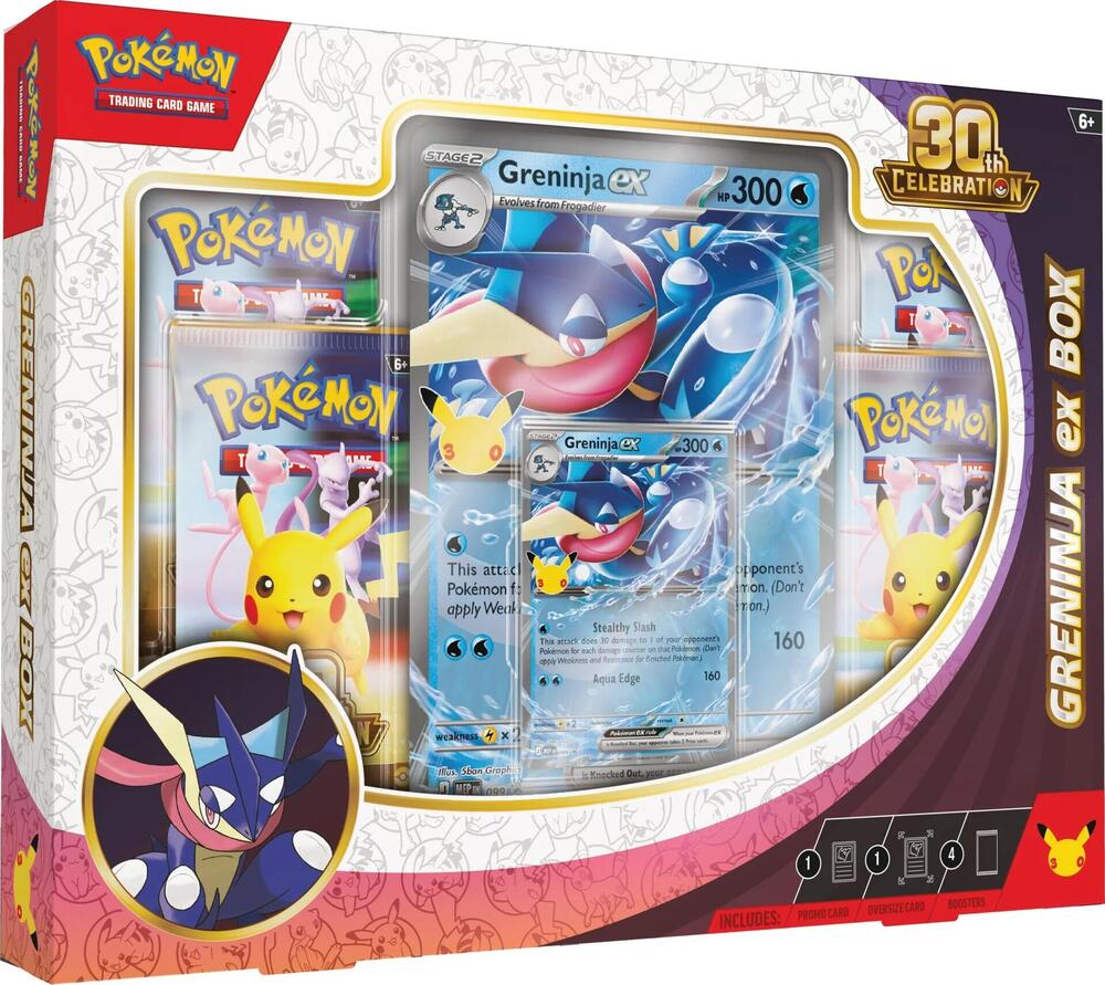 Retail box for the Pokemon Trading Card Game 30th Celebration Greninja ex Box, front of package.