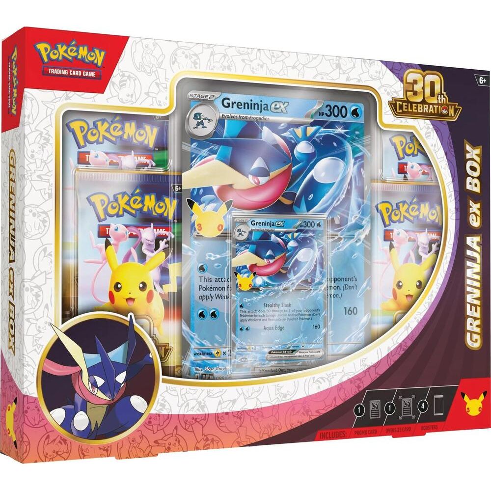 Retail box for the Pokemon Trading Card Game 30th Celebration Greninja ex Box, front of package.