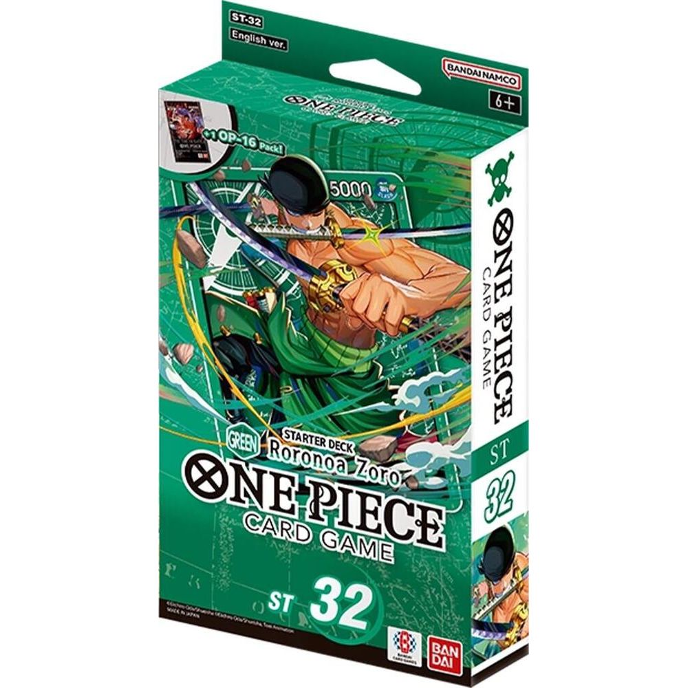 One Piece Card Game ST-32 Starter Deck box featuring Roronoa Zoro, with green packaging and anime artwork on a white background.